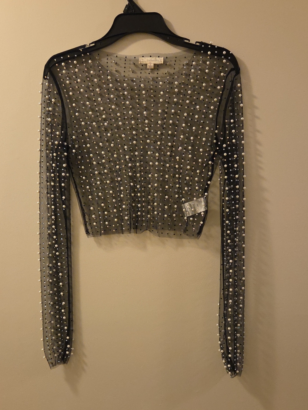 Endless Blu  Sheer Black Pearland Faux Crystals-Embellished Long-Sleeve Crop Top